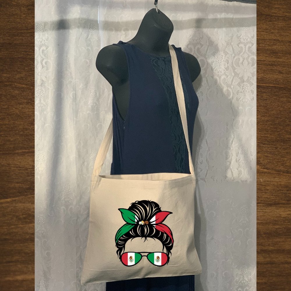 Mexico Messy Mom Bun Cotton Canvas Crossbody Messenger Tote Bag with Long Strap